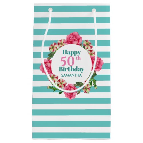 Happy Birthday Pink Rose Red White Petunia Stripes Small Gift Bag