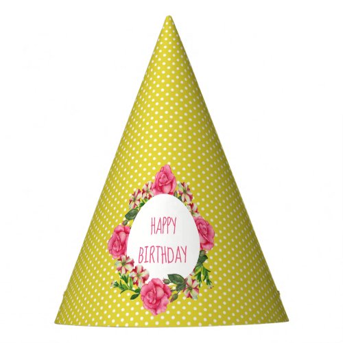 Happy Birthday Pink Rose Red White Petunias Polka  Party Hat