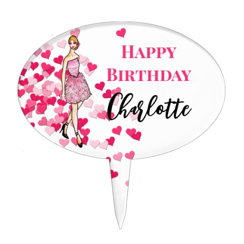 Happy Birthday Pink Roses Cocktail Dress Cake Topper