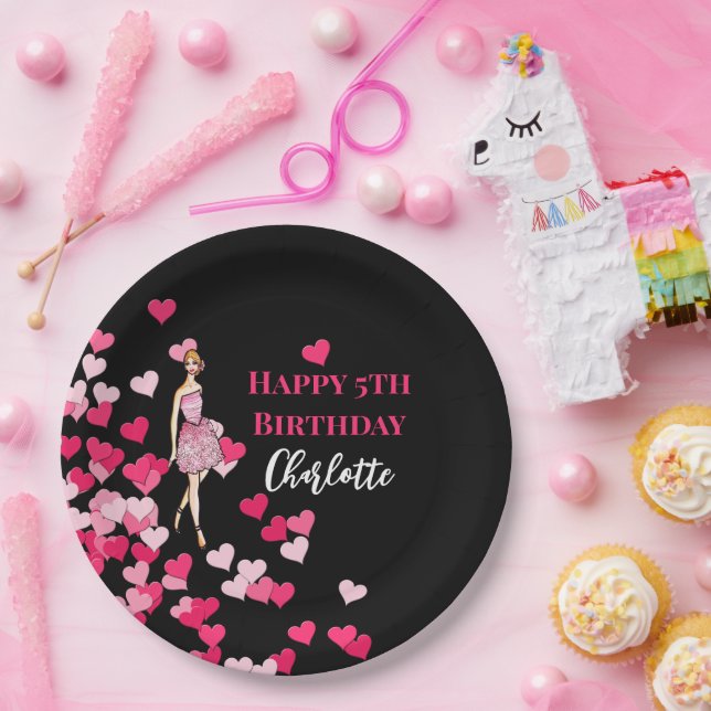 Happy Birthday Pink Roses Cocktail Dress Paper Plates (Party)