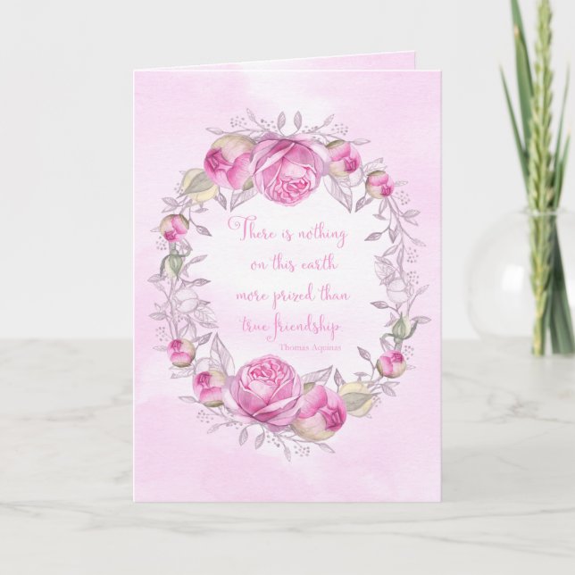 Happy Birthday Pink Roses Friendship Quote Card (Front)
