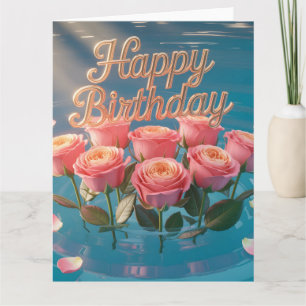 "Happy Birthday" Pink Roses on Blue Water Card