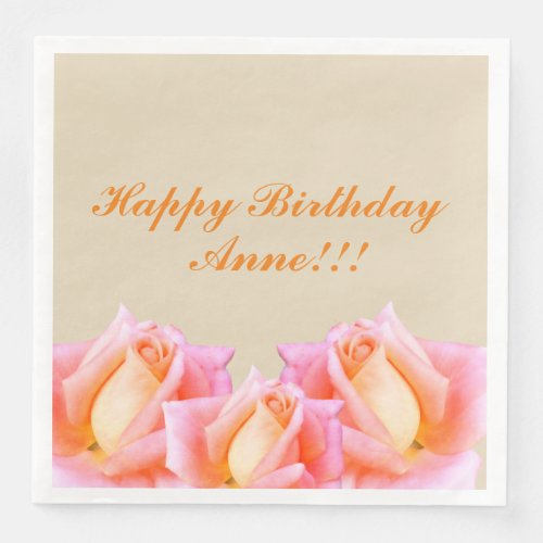 Happy Birthday Pink Roses Paper Dinner Napkins