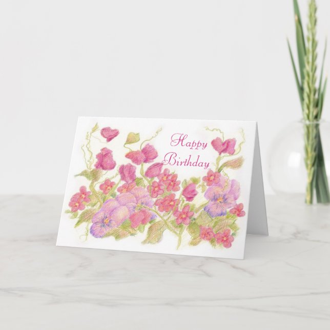 Happy Birthday Pink Sweet Pea Flowers Pansy Garden Card (Front)