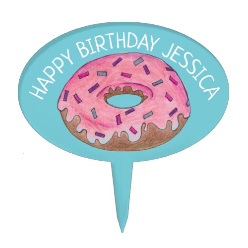 Happy Birthday Pink Teal Frosted Donut Doughnut Cake Topper