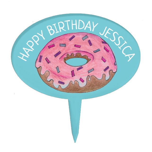 Happy Birthday Pink Teal Frosted Donut Doughnut Cake Topper (Front)