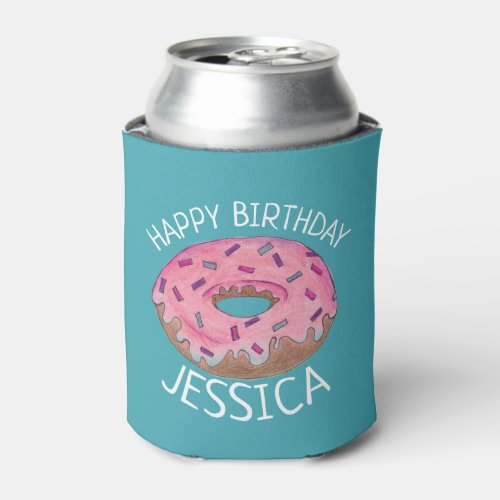 Happy Birthday Pink Teal Frosted Donut Doughnut Can Cooler