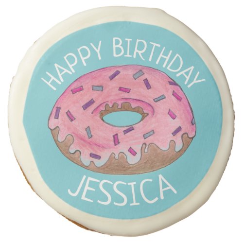 Happy Birthday Pink Teal Frosted Donut Doughnut Sugar Cookie