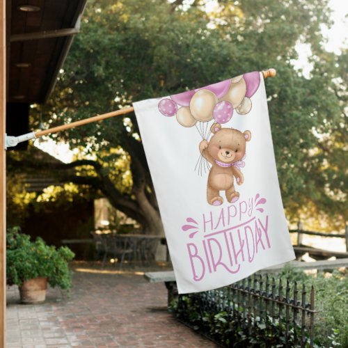 HAPPY birthday pink teddy balloon girl  House Flag