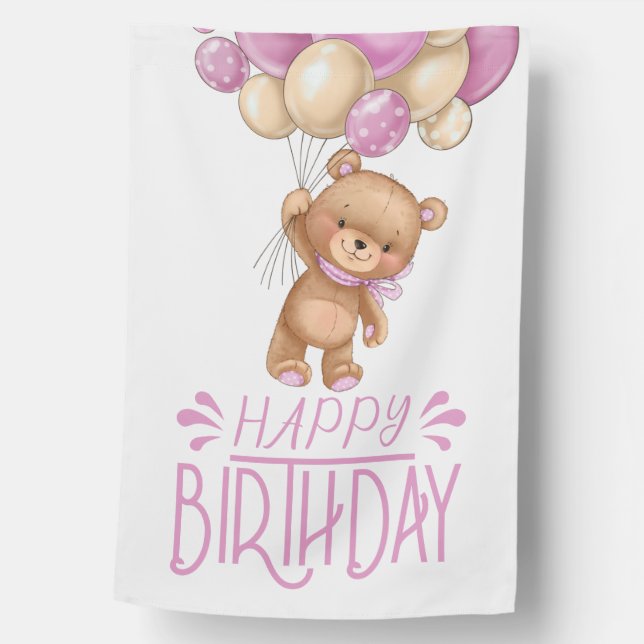 HAPPY birthday pink teddy balloon girl  House Flag (Front)