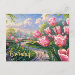 Happy Birthday Pink Tulip Garden in Spring Postcard