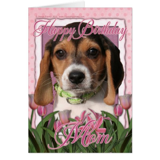Happy Birthday Pink Tulips Beagle Puppy Card