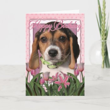 Happy Birthday - Pink Tulips - Beagle Puppy Card by FrankzPawPrintz at Zazzle
