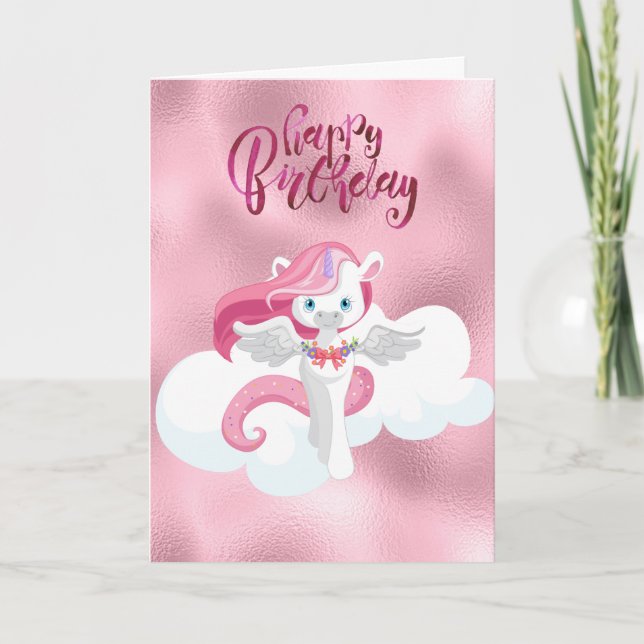 Happy Birthday Pink Unicorn Pegasus Greeting Card (Front)