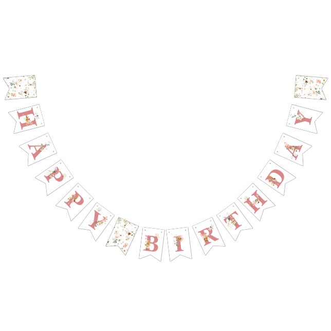 Happy Birthday Pink Watercolor Garden Flowers Girl Bunting Flags (All)