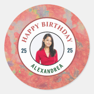 Happy Birthday Pink Watercolor Photo Personalize Classic Round Sticker