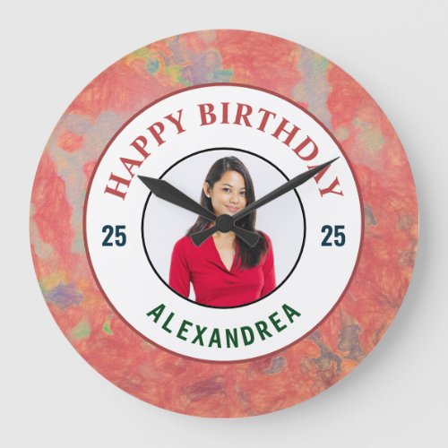 Happy Birthday Pink Watercolor Photo Personalize  Large Clock