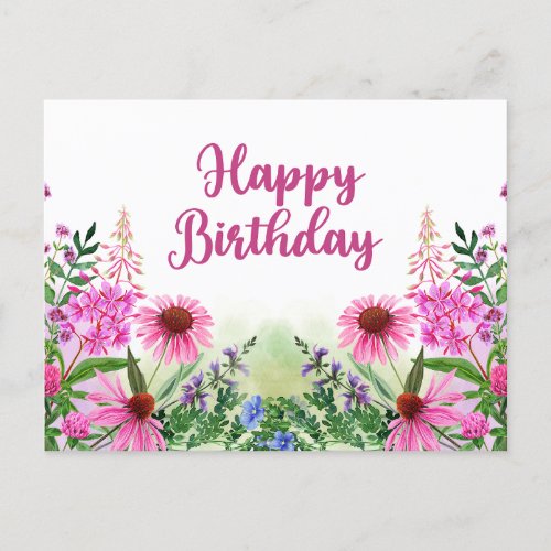 Happy Birthday Pink Watercolor Wildflowers  Postcard