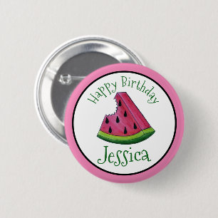 Happy Birthday Pink Watermelon Slice Fruit Picnic Button