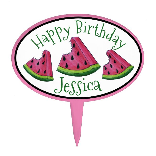 Happy Birthday Pink Watermelon Slice Fruit Picnic Cake Topper (Front)