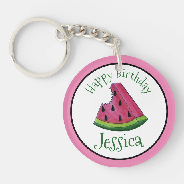 Happy Birthday Pink Watermelon Slice Fruit Picnic Keychain (Front)