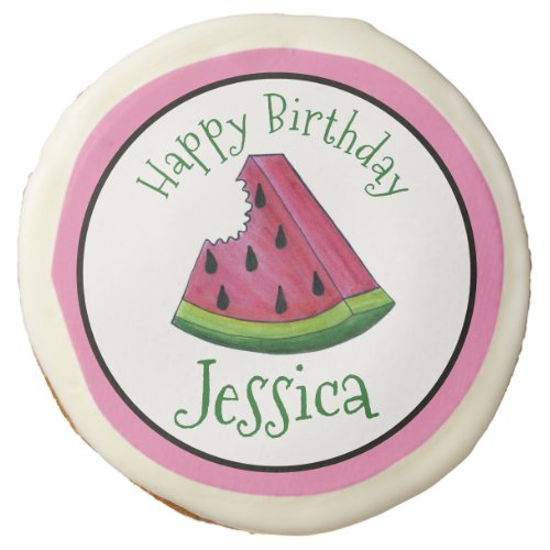 Happy Birthday Pink Watermelon Slice Fruit Picnic Sugar Cookie