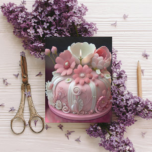 Happy Birthday Pink White Elegant Cake Cards