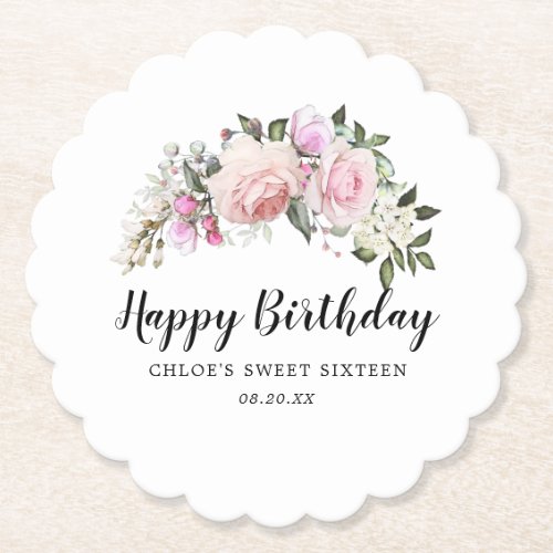 Happy Birthday Pink White Floral Paper Coaster