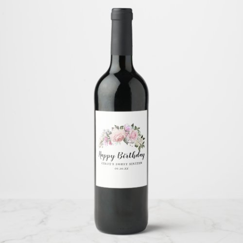Happy Birthday Pink White Floral Wine Label