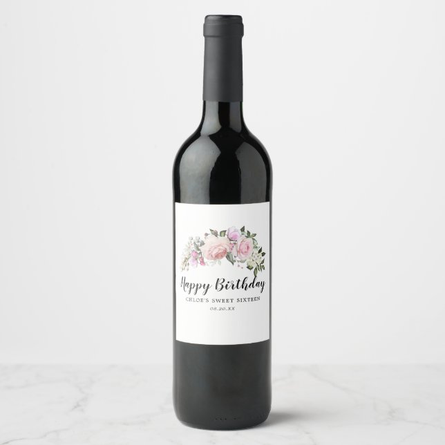 Happy Birthday Pink White Floral Wine Label (Front)
