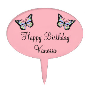 Happy Birthday Pink with Name & Butterflies Cake Topper