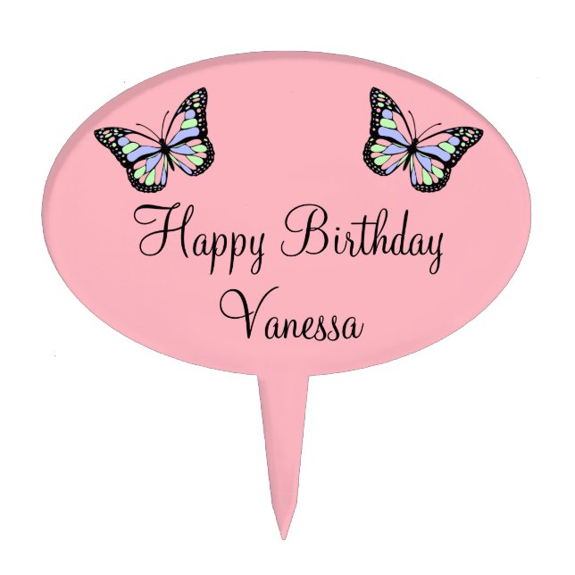 Happy Birthday Pink with Name & Butterflies Cake Topper (Front)