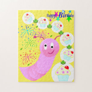 Happy Birthday Pink Worm Cupcake Jigsaw Puzzle