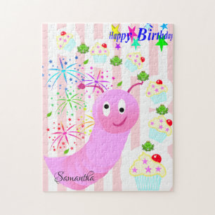 Happy Birthday Pink Worm Cupcake Stripe Jigsaw Puzzle