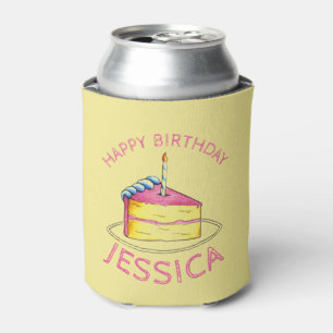 Happy Birthday Pink Yellow Birthday Cake Favor Can Cooler