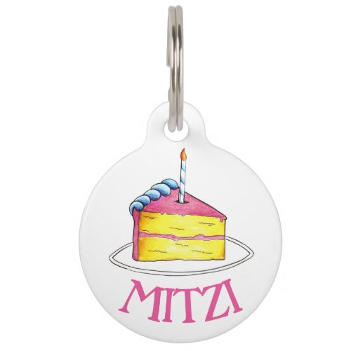 Happy Birthday Pink Yellow Layer Cake Slice Pet Tag