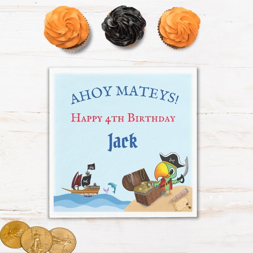 Happy Birthday Pirate Parrot And Ship Paper Napkin