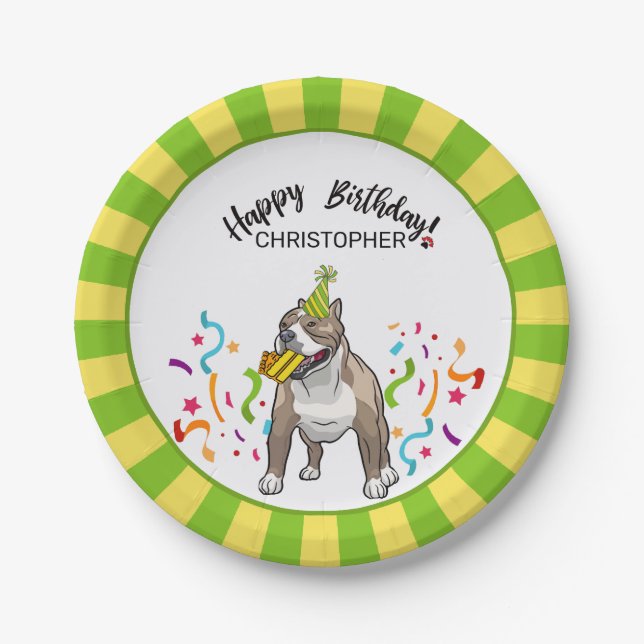 Happy Birthday Pitbull Dog Party Paper Plates (Front)