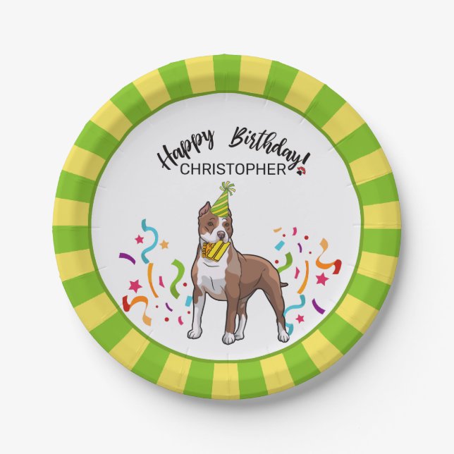 Happy Birthday Pitbull Light Dog Party Paper Plates (Front)
