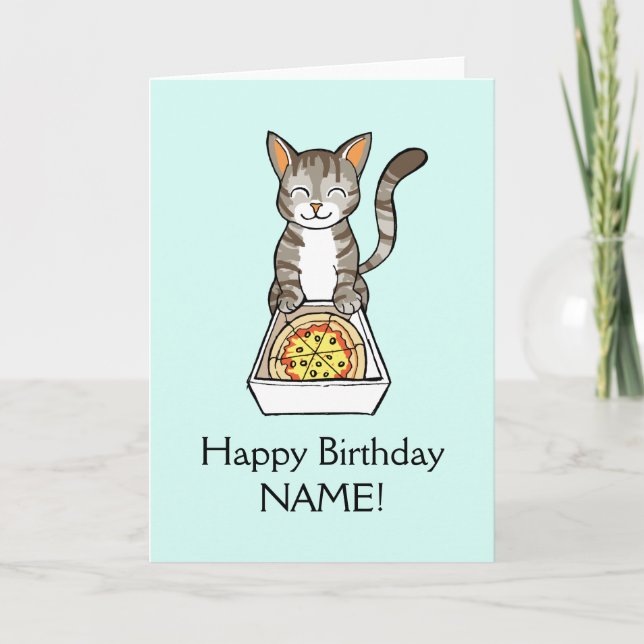 Happy Birthday Pizza Cat Card Personalise Template (Front)