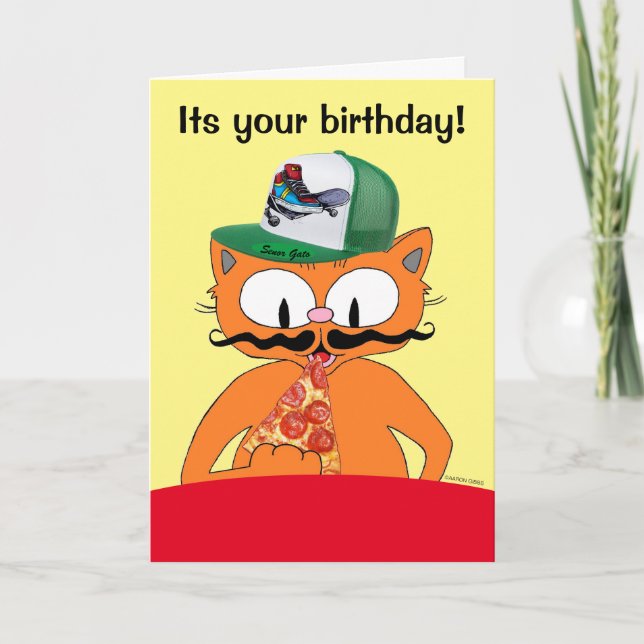 Happy Birthday Pizza Party Cartoon Cat Funny Card (Front)