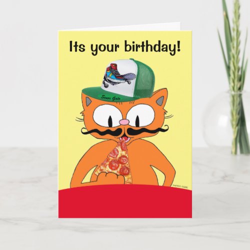 Happy Birthday Pizza Party Cartoon Cat Funny Card