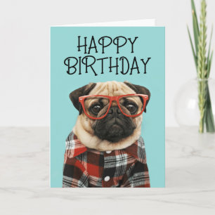 Happy Birthday Plaid Shirt Pug Card