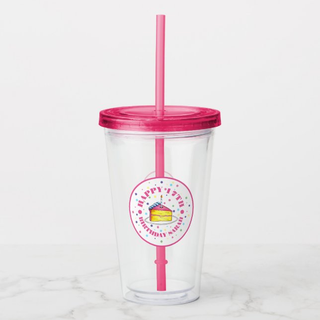 Happy Birthday Polka Dot Pink Cake Slice Candle Acrylic Tumbler (Front)