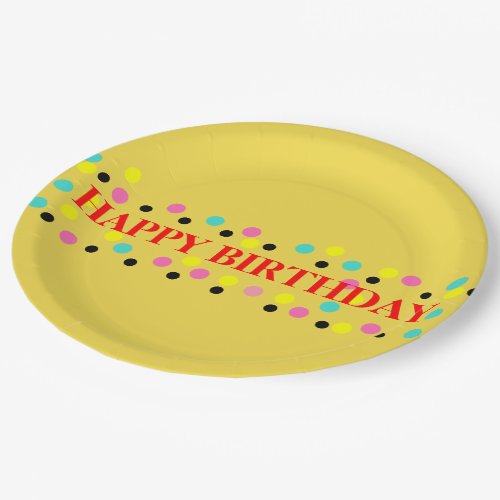 Happy Birthday Polka Dots Yellow Paper Plates