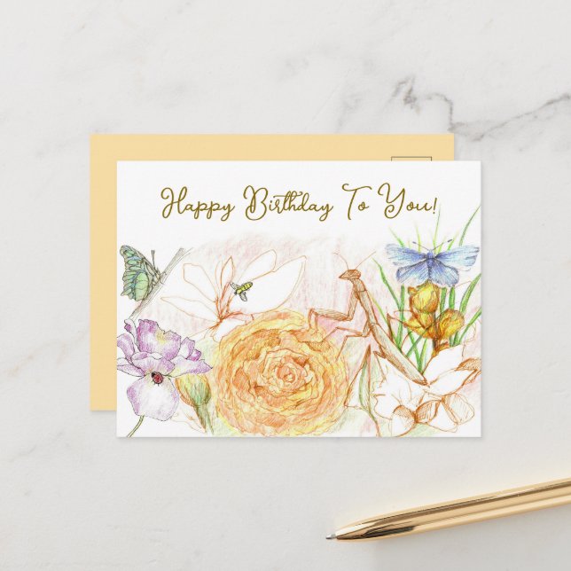 Happy Birthday Pollinator Garden Praying Mantis Postcard (Front/Back In Situ)