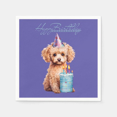 Happy Birthday Poodle with Party Hat  Bday Cake  Napkins