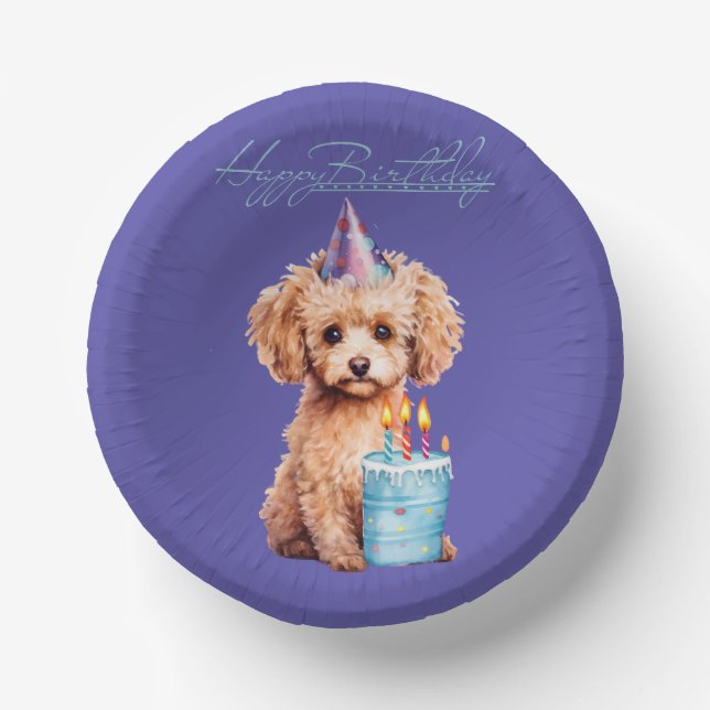 Happy Birthday Poodle with Party Hat & Bday Cake  Paper Bowls (Front)