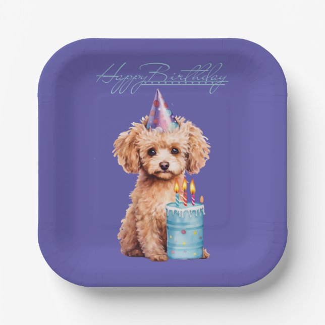 Happy Birthday Poodle with Party Hat & Bday Cake  Paper Plates (Front)