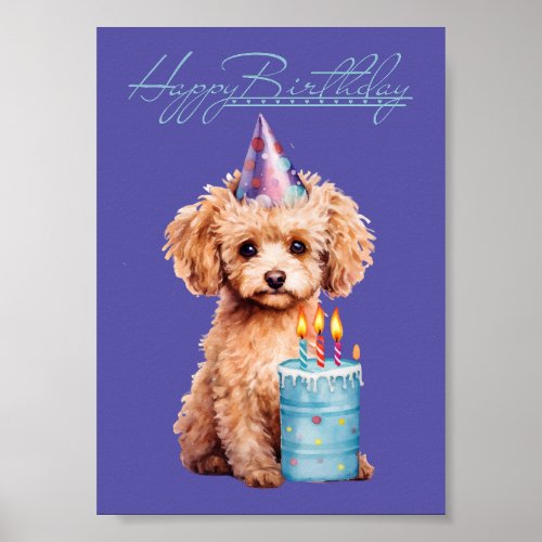 Happy Birthday Poodle with Party Hat  Bday Cake  Poster